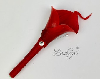 CHOOSE RIBBON COLOR - Dark Red Calla Lily Boutonniere, Dark Red Wedding, Bling, Rhinestone, Groom, Groomsman, Prom, Real Touch Calla Lily