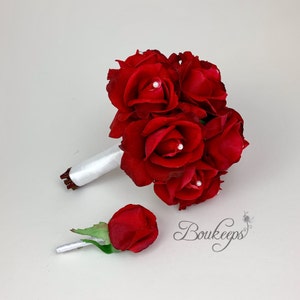 CHOOSE RIBBON COLOR - Red Rose Bouquet, Rose Bridal Bouquet, Real Touch Bouquet & Boutonniere, Bridal, Bridesmaid, December Wedding, Pearls