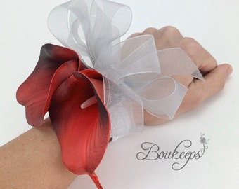 CHOOSE RIBBON COLOR - Dark Red Calla Lily Corsage, Dark Red Corsage, Red Corsage, Wedding, Prom, Red Wedding, Wristlet Corsage, Pin-On