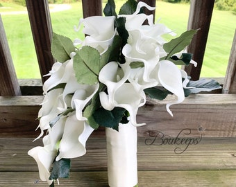 Choose Calla Lily & Ribbon Color - Cascading White Ivory Bridal Bouquet, White Ivory Calla Lily Bouquet, Cascade Bouquet, Wedding Bouquet