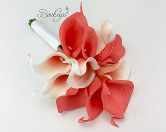 CHOOSE RIBBON COLOR - Pageant Bouquet, Pageant Coral and White Calla Lily Bouquet, Real Touch Coral Calla Lily Bouquet, Wedding Bouquet
