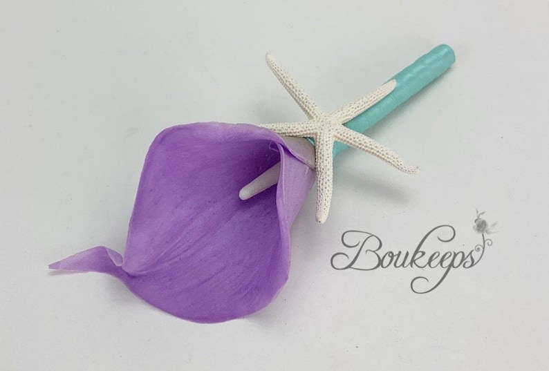 Beach Wedding,Destination Wedding CHOOSE RIBBON COLOR Bright Lavender Calla Lily Boutonniere Starfish Starfish Boutonniere
