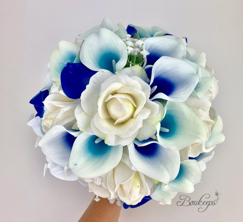 CHOOSE RIBBON COLOR Royal Blue and Aqua Calla Lily Bouquet - Etsy