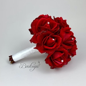 CHOOSE RIBBON COLOR - Red Rose Bouquet, Rose Bridal Bouquet, Real Touch Bouquet, Bridal, Bridesmaid, December Wedding, Pearls, Red Bouquet