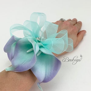 CHOOSE RIBBON COLOR - Ice Blue Lavender Calla Lily Corsage, Aqua Blue and Lavender Corsage, Prom, Wedding Corsage, Brooch