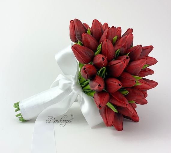 CHOOSE RIBBON COLOR Apple Red Tulip Bouquet, Real Touch Red Tulip Bouquet,  Red Tulip Bouquet, Bridal, Wedding Bouquet, Bride, Dark Red 