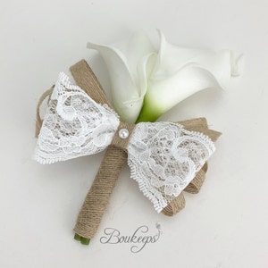 Choose Calla Lily Color - White Calla Lily Corsage with Burlap, Lace, Pearl, Real Touch White Calla Lily Pin Corsage, Wedding Corsage