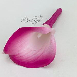 CHOOSE RIBBON COLOR - Magenta Hot Pink Trim Calla Lily Boutonniere, Real Touch Pink Calla Lily Boutonniere, Groom, Wedding, Buttonhole