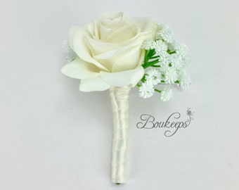 CHOOSE RIBBON COLOR - Ivory Rose and Baby’s Breath Boutonniere, Rose Boutonniere, Groom, Groomsmen, Real Touch, Buttonhole, Wedding, Prom