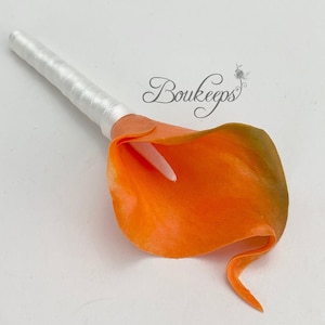 CHOOSE RIBBON COLOR - Calla Lily Boutonniere, Orange Calla Lily Boutonniere, Real Touch Boutonniere, Groom, Groomsmen, Wedding, Prom, Green