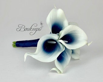 CHOOSE RIBBON COLOR - Real Touch Navy Blue Calla Lily Mini Bouquet, Bridesmaid, Flower Girl, Toss Bouquet, Small Bouquet, Picasso Navy