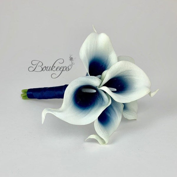 CHOOSE RIBBON COLOR - Real Touch Navy Blue Calla Lily Mini Bouquet, Bridesmaid, Flower Girl, Toss Bouquet, Small Bouquet, Picasso Navy