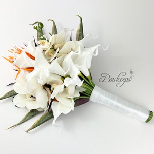 CHOOSE RIBBON COLOR - Birds of Paradise, White Calla Lily and White Orchid Bridal Bouquet, Real Touch Wedding Bouquet, Beach Wedding