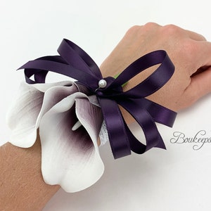 CHOOSE RIBBON COLOR - Purple Calla Lily Corsage, Real Touch Calla Lily, Real Touch Corsage, Calla Lily Wrist Corsage, Picasso Purple Corsage