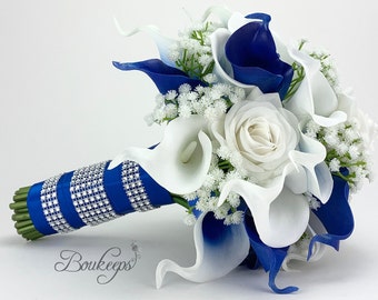 CHOOSE RIBBON COLOR - Royal Blue and White Calla Lily and Rose Bouquet, Royal Blue Bridal Bouquet, Calla Lily Bouquet, Baby's Breath, Bling