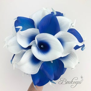 CHOOSE RIBBON COLOR - Royal Blue Bridal Bouquet, Royal Blue Bouquet, Real Touch Royal Blue Calla Lily Bouquet, Royal Blue, Bridal Bouquet