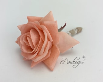 CHOOSE RIBBON COLOR - Coral Rose Boutonniere, Rose Buttonhole Boutonniere, Real Touch Rose, Lace, Groom, Burlap and Lace, Rustic Wedding