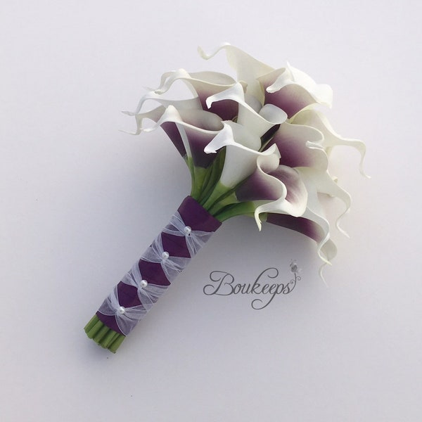 Purple and White Calla Lily Bouquet with French Knot Overlay, Real Touch Picasso Purple Calla Lily Bouquet, Bridal Bouquet, Purple Wedding