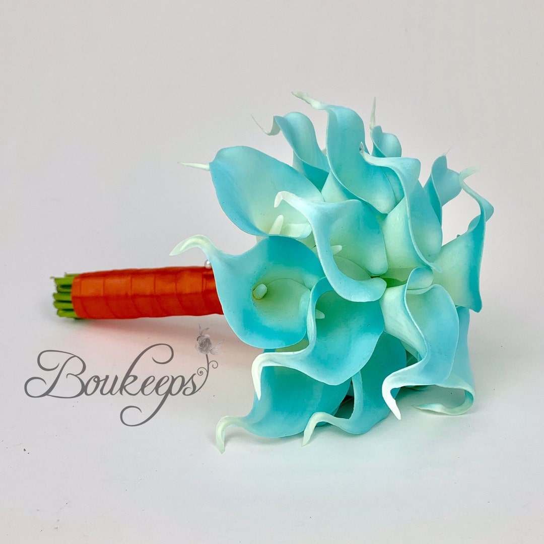 CHOOSE RIBBON COLOR Aqua Blue Calla Lily Bouquet Real Touch - Etsy