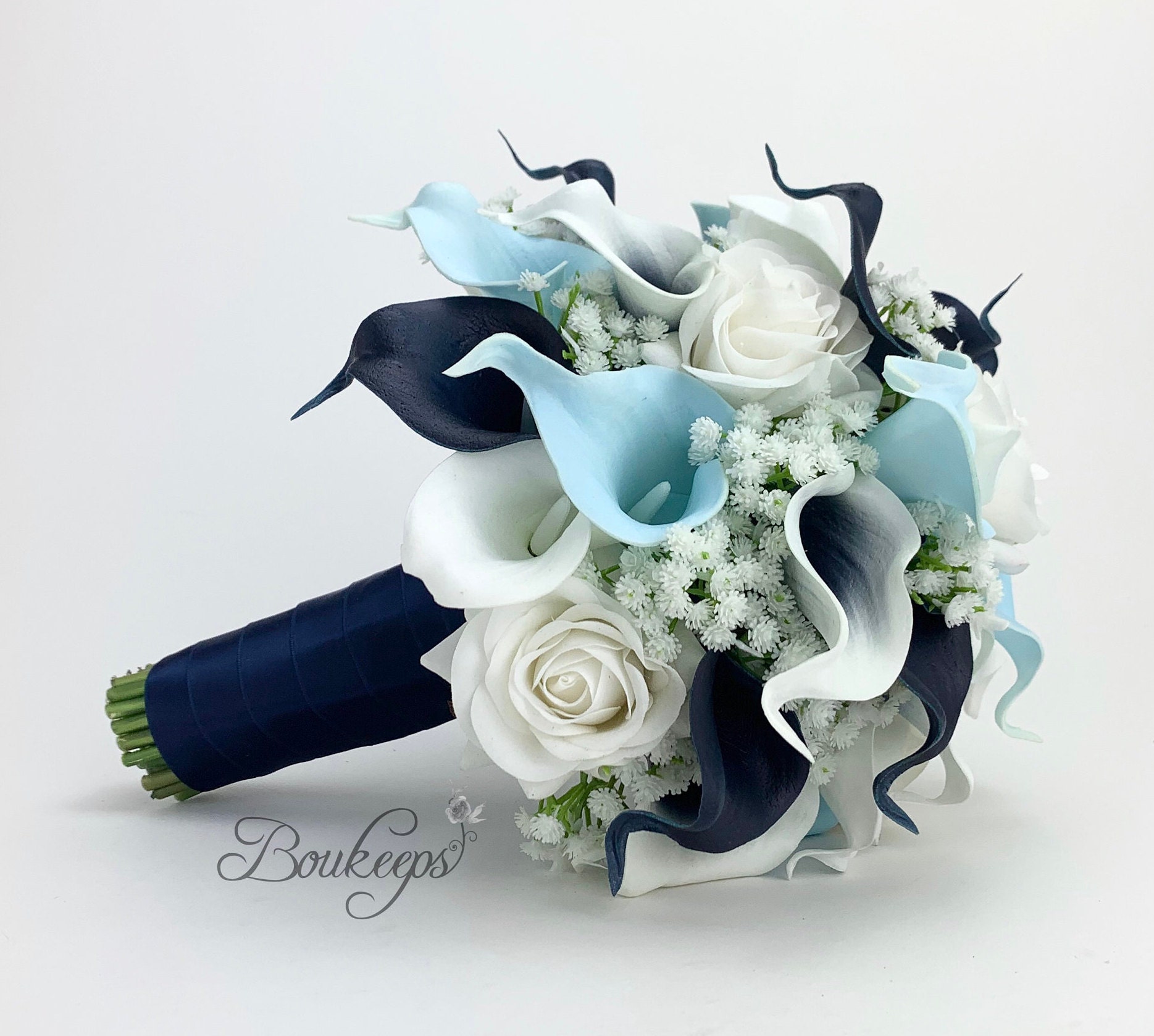 CHOOSE RIBBON COLOR Navy Baby Blue and White Calla Lily and | Etsy