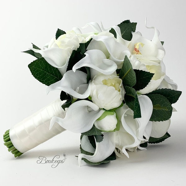 CHOISISSEZ LA COULEUR DU RUBAN - Orchidée Ivoire Blanc, Lys Calla, Pivoine, Bouquet de mariée de verdure, Bouquet de mariage blanc, Bouquet de mariée blanc