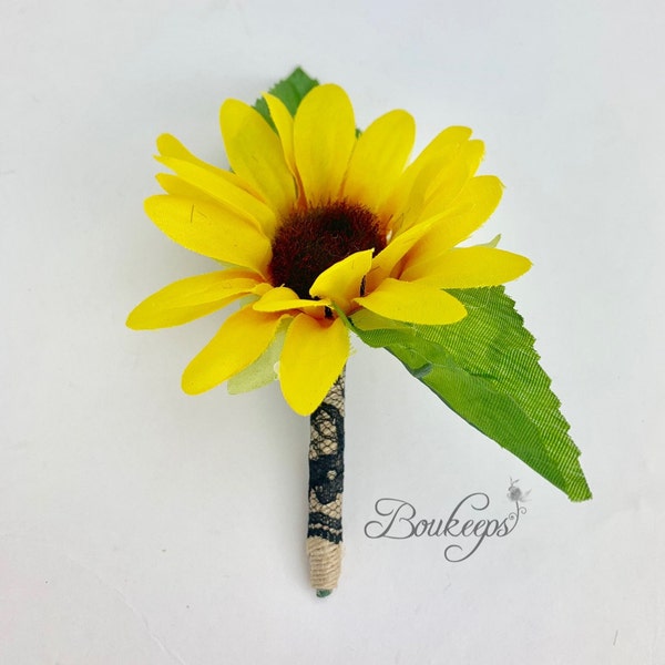 Choose Lace Color - Sunflower Boutonniere with Burlap and Black Lace, Silk Sunflower Boutonniere, Sunflower Wedding, Rustic Wedding, Country