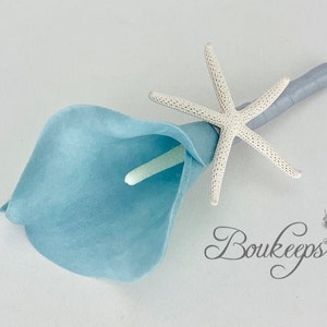 CHOOSE RIBBON COLOR - Baby Blue Starfish Boutonniere, Light Blue Calla Lily Boutonniere, Starfish, Blue Calla Lily Boutonniere, Buttonhole