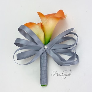 CHOOSE RIBBON COLOR - Orange Calla Lily Wristlet Corsage, Real Touch Orange Calla Lily Corsage, Orange Wedding, Pearl, Pin-on Corsage