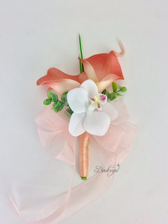 20 Pew Bows With Cala  Lilies & Ribbon 10 pale pink ribbon and 10 ivory ribbon 