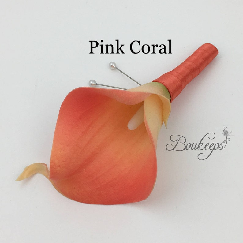 CHOOSE RIBBON COLOR Pink Coral Calla Lily Boutonniere, Real Touch Coral Calla Lily Boutonniere, Coral Boutonniere, Wedding image 1