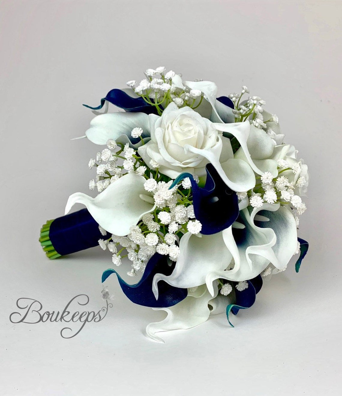 CHOOSE RIBBON COLOR Navy Blue and White Calla Lily and Rose - Etsy