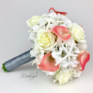 Choose Calla Lily & Ribbon Color - Hydrangea, Calla Lily, Rose and Starfish Bridal Bouquet, Coral, White, Ivory Bouquet, Real Touch, Wedding