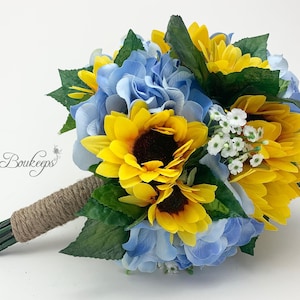 CHOOSE RIBBON COLOR - Sunflower Bouquet, Sunflower, Baby’s Breath, Blue Hydrangea Bouquet, Sunflower Bridal Bouquet, Sunflower Wedding