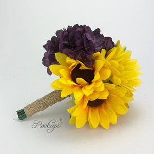 CHOOSE RIBBON COLOR - Sunflower and Purple Hydrangea Bouquet, Sunflower Bridesmaid / Bridal Bouquet, Sunflower Bridal Bouquet, Wedding