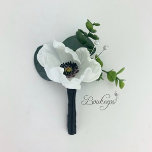 CHOOSE RIBBON COLOR - Winter Wedding, White Poppy, White Anemone, Real Touch White Poppy Boutonniere, Real Touch Anemone Boutonniere