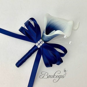 Choose Calla Lily & Ribbon Color - Navy Blue and White Calla Lily Corsage, Pin Corsage, Real Touch Corsage, Wedding, Bling, Rhinestone
