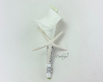 CHOOSE RIBBON COLOR - Starfish Boutonniere, White Calla Lily Boutonniere, Starfish, Beach Wedding, Destination Wedding, Bling, Rhinestone