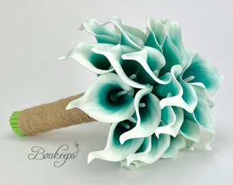 CHOOSE RIBBON COLOR - Teal and White Bridal Bouquet, Teal Bouquet, Real Touch Picasso Teal Calla Lily Bouquet, Wedding, Bridal Bouquet Twine