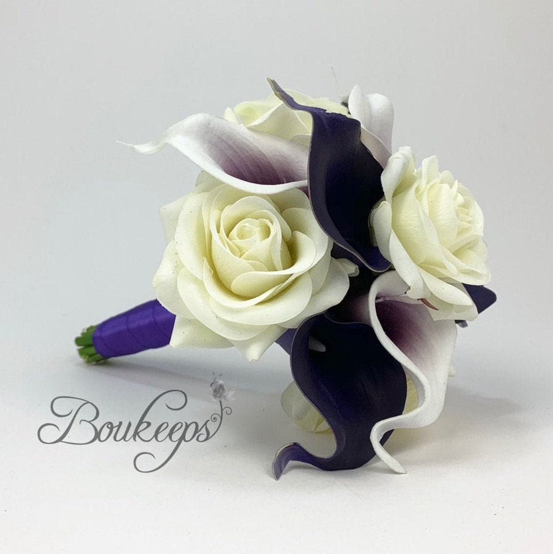 CHOOSE RIBBON COLOR Purple and Ivory Calla Lily Bouquet, Bridal Bouquet ...