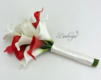 CHOOSE RIBBON COLOR - Pageant Bouquet, Pageant Red and White Calla Lily Bouquet, Real Touch Red Calla Lily Bouquet, Wedding Bouquet