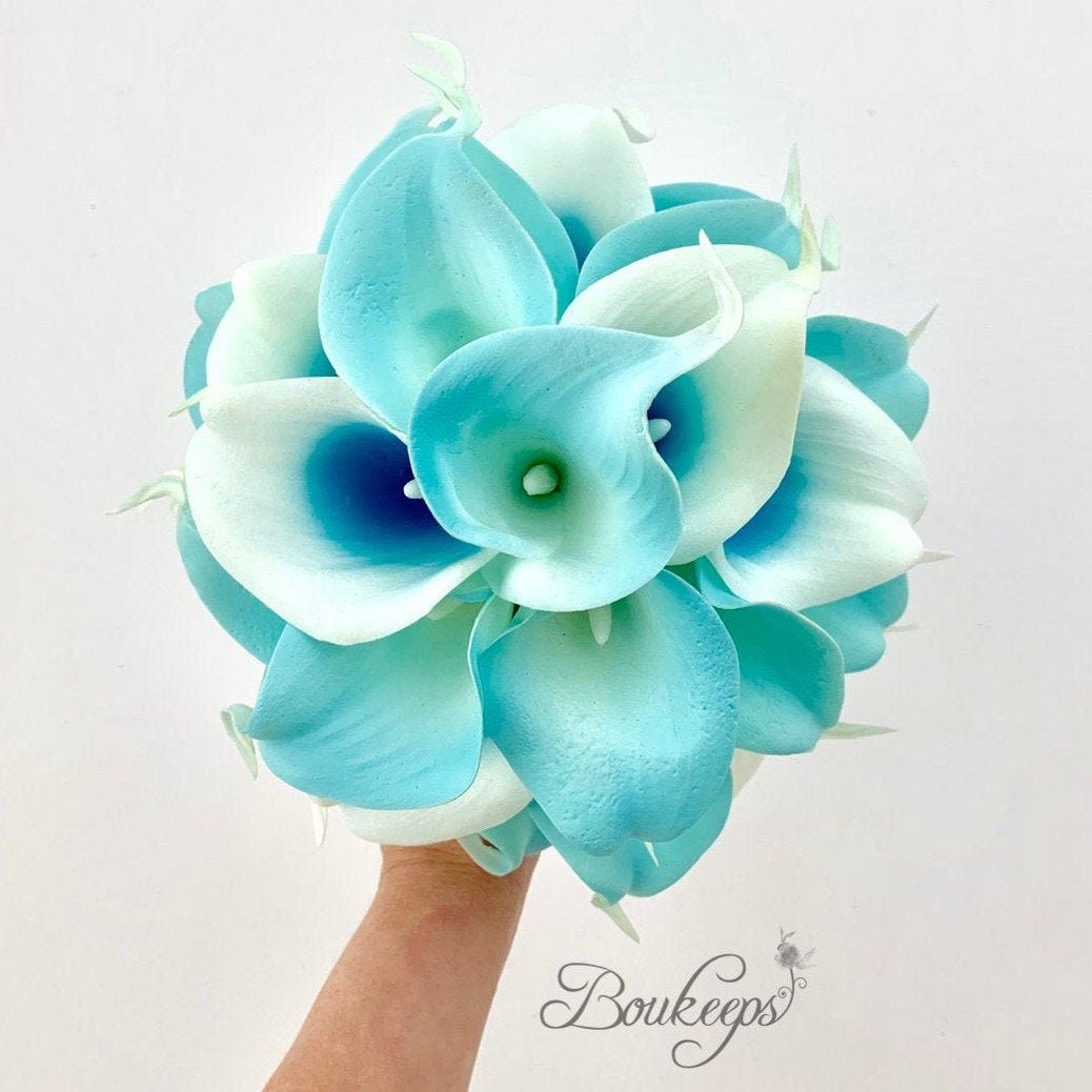 CHOOSE RIBBON COLOR Aqua Blue Calla Lily Bouquet Real Touch | Etsy