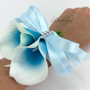 CHOOSE RIBBON COLOR - Aqua Calla Lily Corsage, Real Touch Calla Lily, Real Touch Corsage, Calla Lily Wrist Corsage, Picasso Aqua Corsage