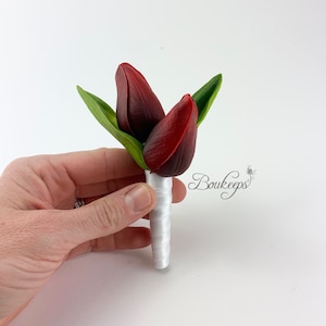 CHOOSE RIBBON COLOR - Apple Red Tulip Boutonniere, Real Touch Tulip Boutonniere, Red Wedding, Tulip Wedding, Groom, Corsage, Buttonhole