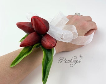 CHOOSE RIBBON COLOR - Apple Red Tulip Corsage, Tulip Wristlet Corsage, Red Corsage, Real Touch, Wedding, Prom, Red and White Corsage