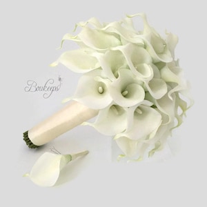 CHOOSE RIBBON COLOR - White Calla Lily Bouquet and Boutonniere, Ivory Calla Lily, Bridal Bouquet, Real Touch Calla Lily, Ivory Calla Lily