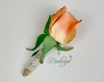 CHOOSE RIBBON COLOR - Coral Rose Boutonniere with Burlap and Lace, Rosebud Boutonniere, Real Touch Rosebud, Burlap, Groom, Wedding, Prom