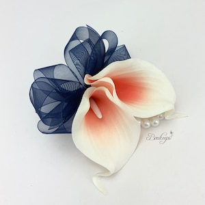 CHOOSE RIBBON COLOR - Coral Calla Lily Corsage, Picasso Coral Calla Lily Corsage, Coral Corsage, Real Touch, Wedding, Prom, Pearl