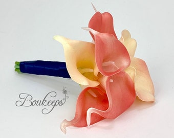 CHOOSE RIBBON COLOR - Pink Coral et Blush Calla Lily Bouquet, Coral Calla Lily, Blush Calla Lily, Real Touch Bouquet, Wedding, Bridesmaid