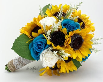 Sunflower Bouquet, Sunflower, Malibu Blue, White Bouquet, Sunflower Bridal Bouquet, Sunflower Wedding, Astilbe, Greenery, Wedding Bouquet
