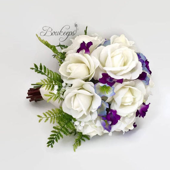 Purple & White (Ivory) Faux Roses Bridal Wedding Bouquet with Ribbon &  Pearl Pin